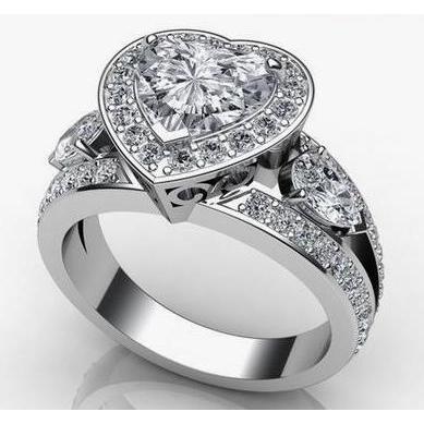 Halo Diamond Three Stone Style Wedding Ring Gold 14K Halo Ring