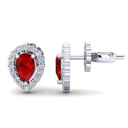 Halo Red Ruby With Natural Earth Mined Diamond Ladies Stud Earring 3.50 Ct.White Gold 14K