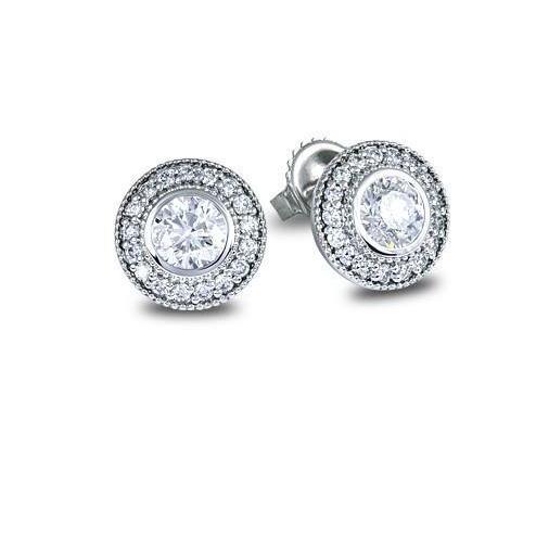 Halo Round Cut 3 Diamonds Studs Earrings White Gold Halo Stud Earrings