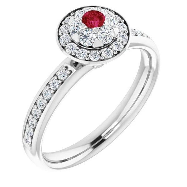 New Style Halo Ruby & Diamond Ring   White Gold  Gemstone Ring