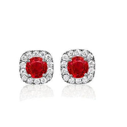 Halo Stud Ruby And Diamonds Earrings 5.70 Carats 14K White Gold