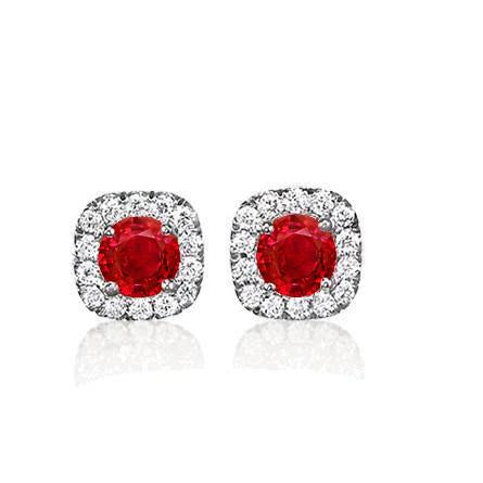 Halo Studs Round Ruby And Diamonds Earrings    White Gold Gemstone Earring