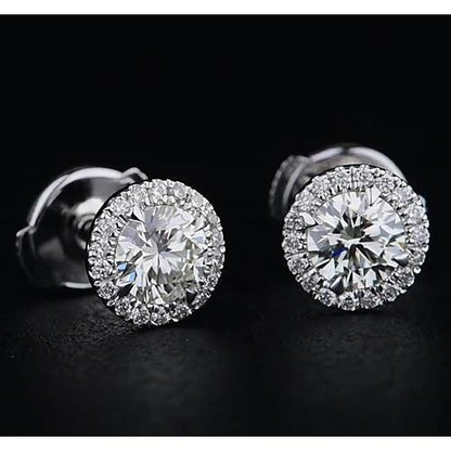 Halo Style Round Brilliant Engagement White Gold Diamond Studs Halo Earrings