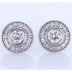 Halo Round Natural Earth Mined Diamond Stud Earring 2.50 Carats White Gold 14K F Vs1 Vvs1