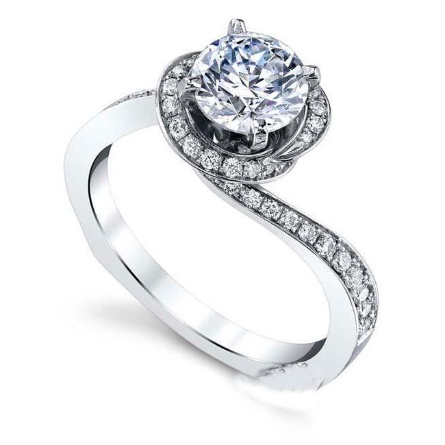 Halo White Gold  Bezel Set Round Cut Lady’s Brilliant Engagement Wedding Solitaire Ring with Accents