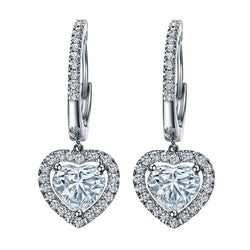 Heart And Round Cut 3.40 Ct Diamonds Dangle Earrings Gold White 14K