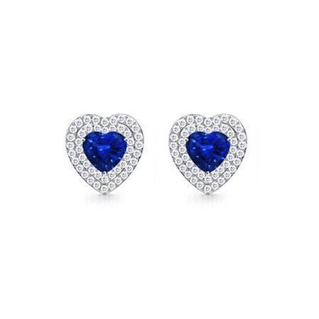 Lady’s  Round Anniversary   Heart Ceylon Sapphire Round Diamonds  Studs Earring White Gold  