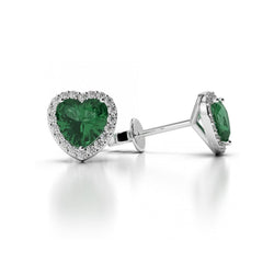 Heart Cut 4.40 Ct Green Emerald With Diamonds Studs Halo Earrings Gold