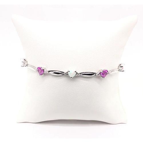 Heart Shaped Pink Amethyst And Opal Diamond Bracelet 9.54 Carats White Gold  Jewelry Gemstone Bracelet