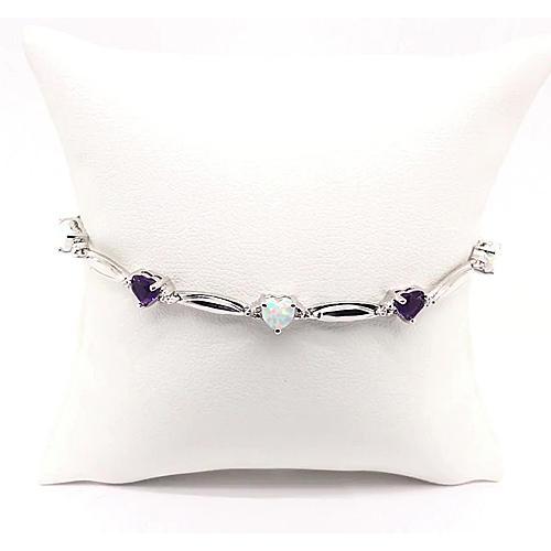 Heart Shaped Purple Amethyst And Opal Diamond Bracelet 9.54 Carats White Gold 14K Jewelry Gemstone Bracelet