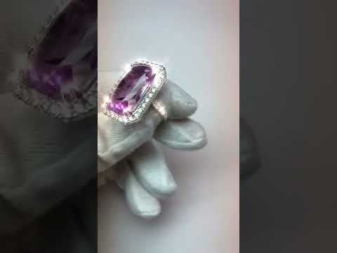 34.50 Ct Cushion Kunzite With Round Diamonds Ring White Gold 14K
