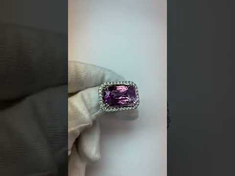 34.50 Ct Cushion Kunzite With Round Diamonds Ring White Gold 14K