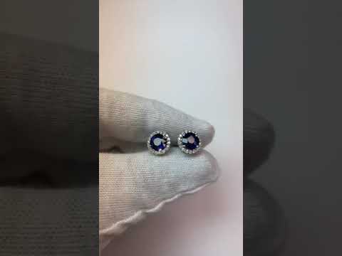 Round Ceylon Sapphire Stud Earring Halo Diamond Gold  2.30 Ct