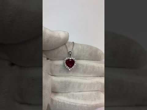 White Gold Heart Cut Red Ruby & Diamond Necklace Pendant 2.70 Carats