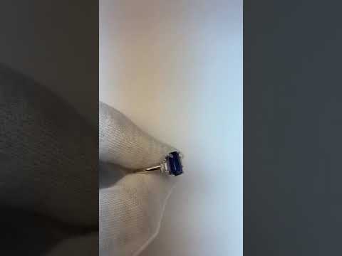 Womans 3 Stone Emerald Blue Sapphire Ring With Trapezoid Diamonds