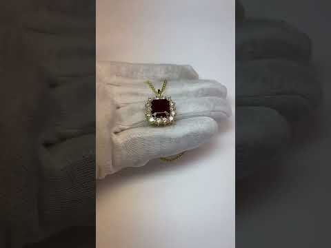 Emerald Cut Red Ruby And Diamond Women Pendant White Gold 9.75 Ct.