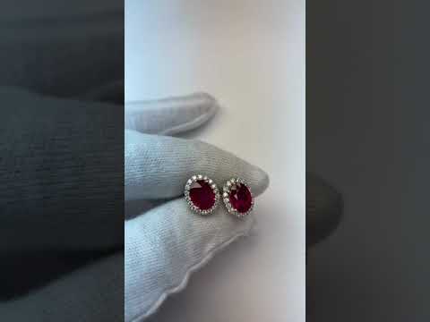  Elegant Woman's  Ruby And Diamonds Studs Halo Earrings Gold White