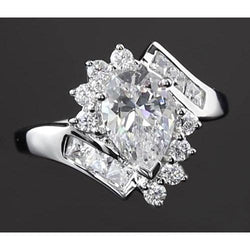 Real  Interlocking Engagement Ring 2.50 Carats Pear Diamond White Gold 14K