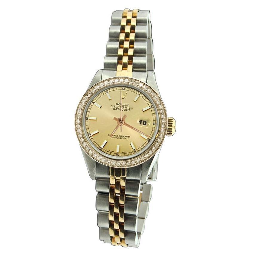 Jubilee Ss & Gold Diamond Bezel Women Watch Stick Dial Rolex Date Rolex