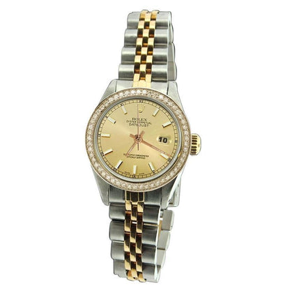 Jubilee Ss & Gold Diamond Bezel Women Watch Stick Dial Rolex Date Rolex