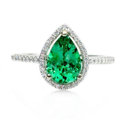 Ladies Green Emerald And Diamond Ring White Gold  Gemstone Ring