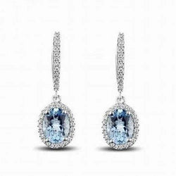 Ladies Dangle Earrings 5.09 Ct Aquamarine And Diamonds 14K White Gold