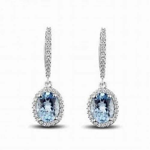 White Gold Ladies Dangle Earrings  Aquamarine And Diamonds