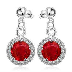 Ladies Dangle Earrings 6.70 Carats Round Cut Ruby With Natural Earth Mined Diamonds