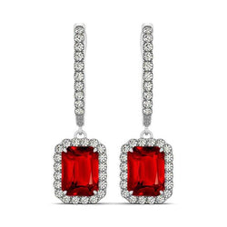Ladies Dangle Earrings 9 Ct Red Ruby With Natural Earth Mined Diamonds White Gold