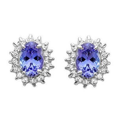 Ladies Halo Studs Earrings   High Quality Fancy Sparkling   Tanzanite And Diamonds White Gold  Gemstone Earring