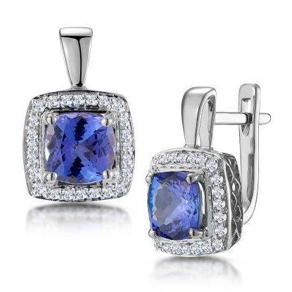 Ladies Hoop Earrings 4 Ct Blue Tanzanite And Diamonds White Gold Gemstone Earring