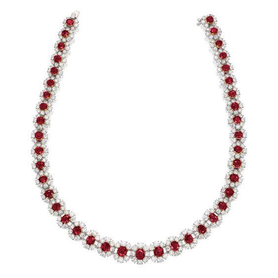 Ladies Necklace 28.50 Ct Ruby And Diamonds White Gold 14K Gemstone Necklace