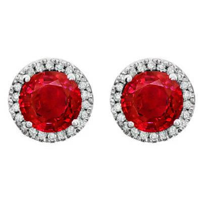Ladies Prong Set Studs Earrings Ruby With Diamonds Halo   White Gold Gemstone Earring