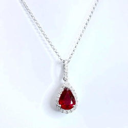 Pear Cut Ruby And Diamond Necklace Pendant 4 Carats White Gold 14K