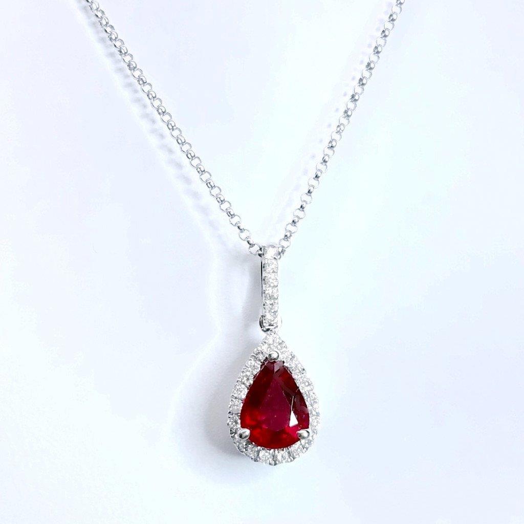 Ladies Red Pear Cut Ruby And Diamond Necklace Pendant White Gold 14K Gemstone Pendant
