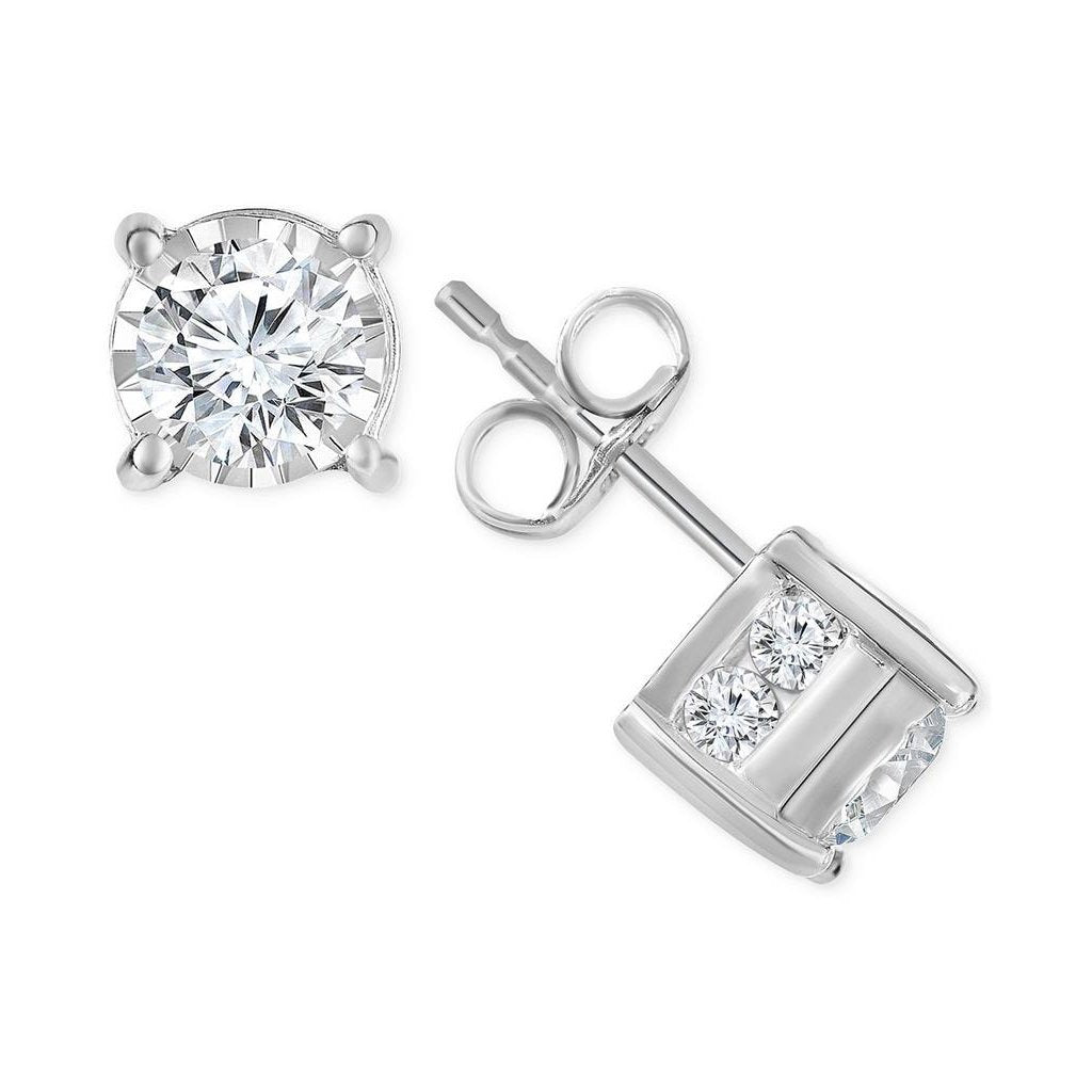 Half Bazel Style Ladies Studs Earring Round Brilliant Cut Diamonds White Gold 