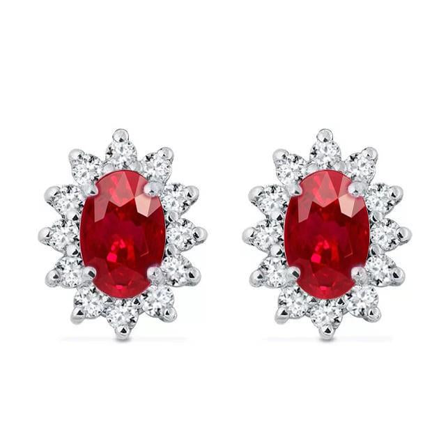 Ladies Studs Earrings  Woman's  Weeding Anniversary    Ruby And Diamonds White Gold   Cluster Halo Gemstone Earring