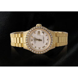 Lady Rolex Datejust Watch Diamond Bezel Oyster Bracelet Yellow Gold