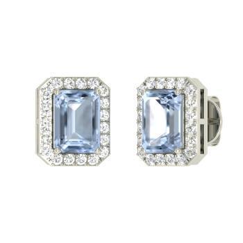 Lady Studs Pave Halo Earrings 11.00 Ct. Aquamarine With Diamonds White Gold Gemstone Earring
