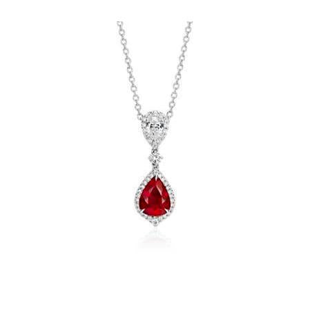 Lady White Gold 14K Pear Shape Red Ruby With Diamond Pendant Necklace Gemstone Pendant