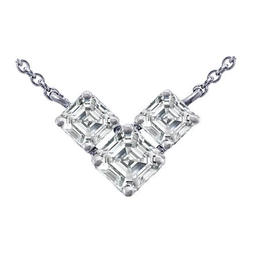 Lady White Gold 14K Three Stone Asscher 2.00 Carats Diamond Pendant Necklace Pendant