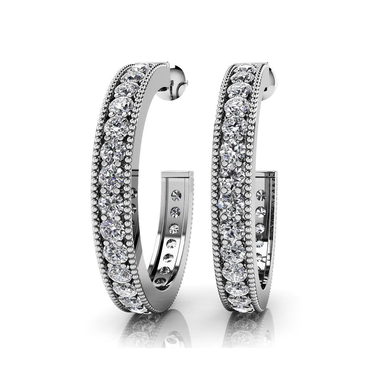 New Lined Round Shaped Hoop Earrings Sparkling Diamonds White Gold 