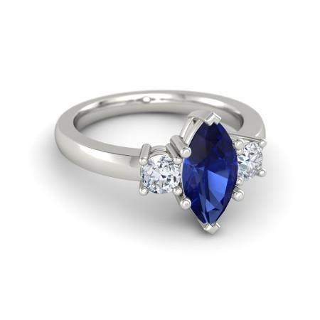 Marquise And Round Cut  Sapphire And Diamonds White Gold Gemstone Ring