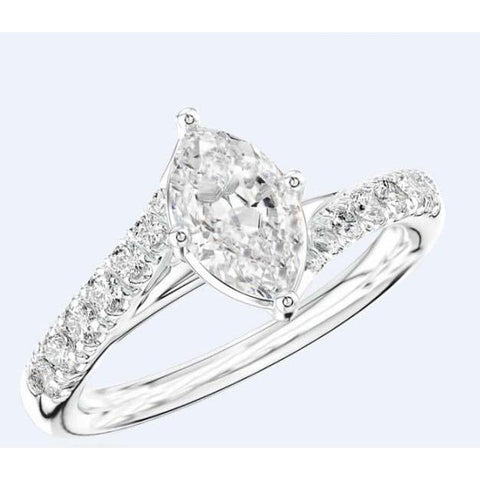Marquise And Round  Diamonds Wedding Gold White Solitaire Ring with Accents