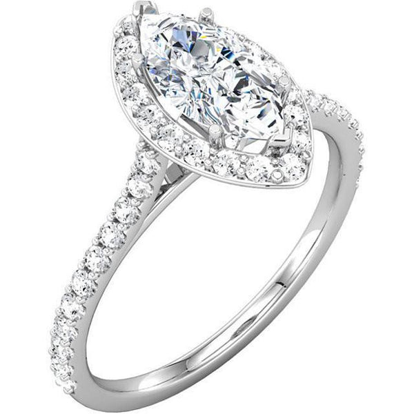Marquise & Round Brilliant Diamonds 2.51 Carat Halo Engagement Ring White Gold 14K Halo Ring