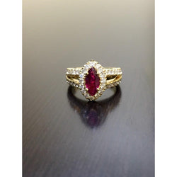 Marquise Red Ruby And Diamond Wedding Ring 3.25 Carats Yellow Gold 14K