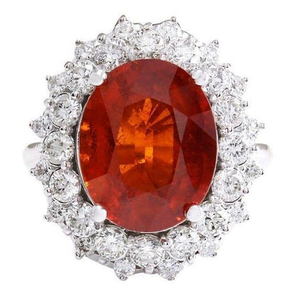 New Natural Mandarin Garnet With Diamonds Ring White Gold Gemstone Ring