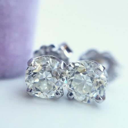 Old Mine Cut  Diamonds Studs Earrings White Gold  Prong Set Stud Earrings