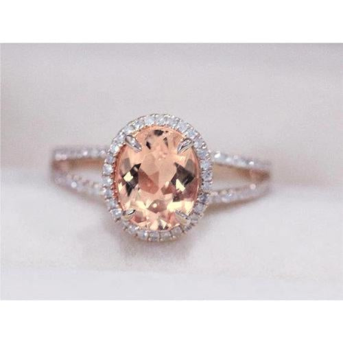 Oval And Round Cut  Elegant Woman's  Morganite With Diamonds Ring Rose Gold Gemstone Ring