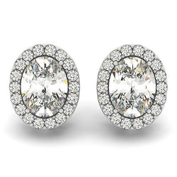 Oval And Round Halo Diamond Stud Earring 2.90 Carat White Gold 14K
